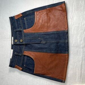 Frame Denim Blue Denim Mini Skirt with Brown Leather Panels